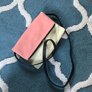 Pink, black and cream crossbody convertible clutch